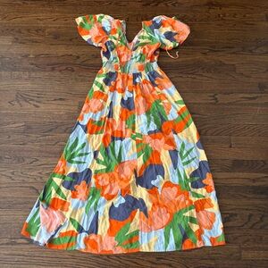 Abel the Label Hilda Maxi Floral Smock Elastic Waistband Flutter Sleeve Dress